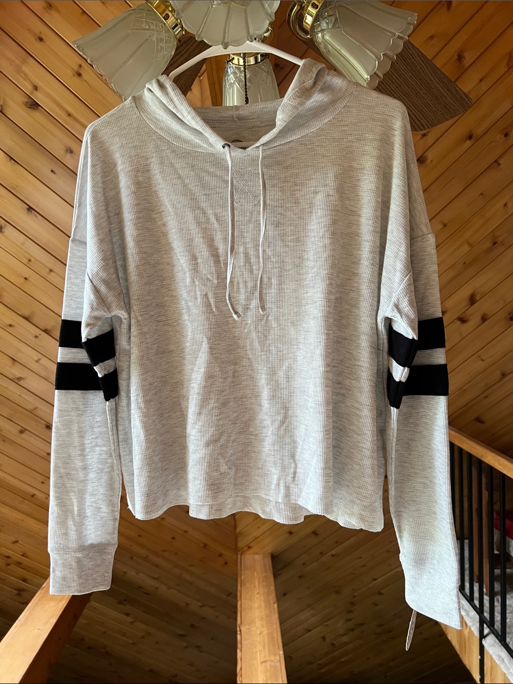 Authentic American Heritage Light Gray Hooded Pullover with Black Sleeve Stripes